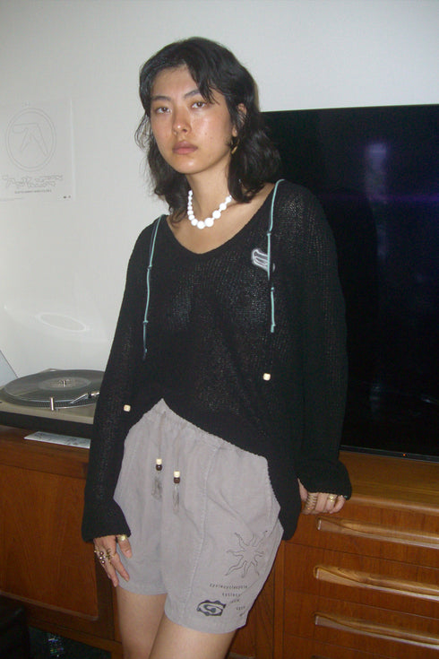 MIX CORD SUMMER KNIT HOODIE -BLACK-