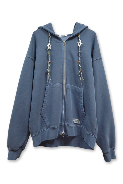 【PRE-ORDER】BEADED DRAWSTRING ZIP-UP HOODIE -BLUE-
