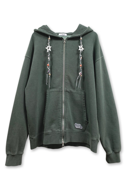 【PRE-ORDER】BEADED DRAWSTRING ZIP-UP HOODIE -DARK GREEN-