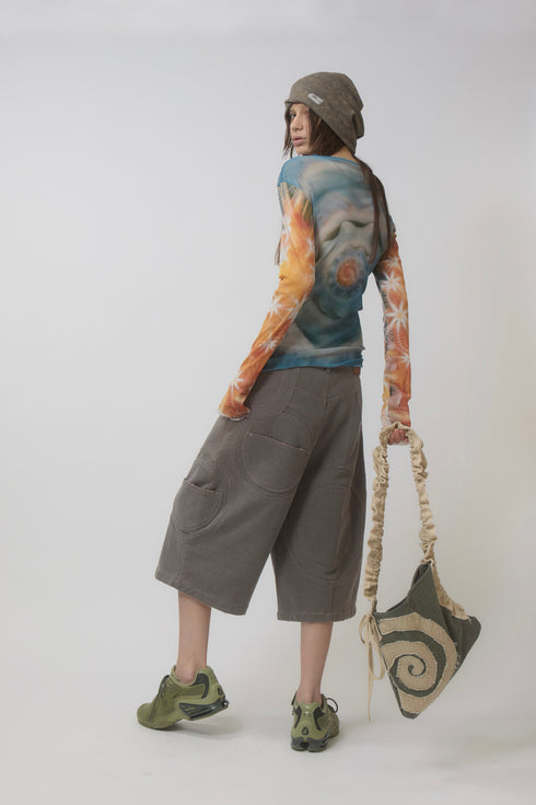 CIRCLE CUT-OUT WASHED HALF PANTS -BROWN SWEAT-