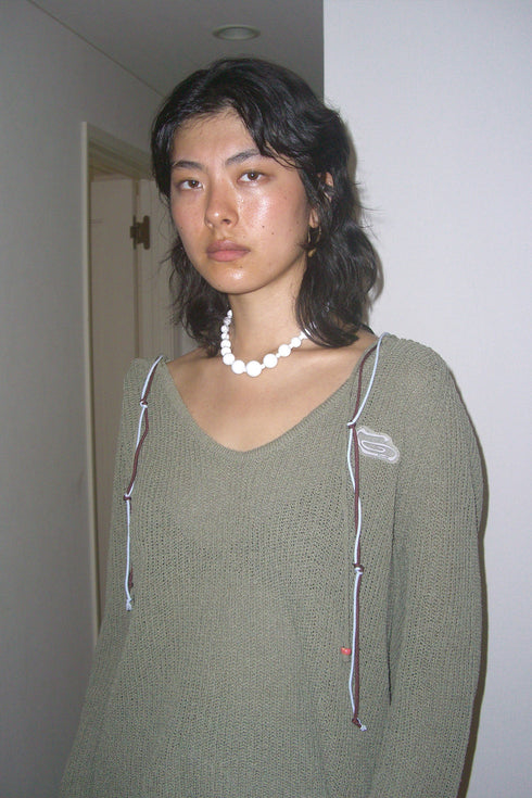 MIX CORD SUMMER KNIT HOODIE -KHAKI-
