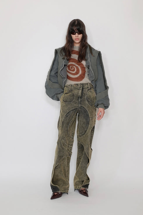 CIRCLE CUT-OUT DENIM PANTS -YELLOW-