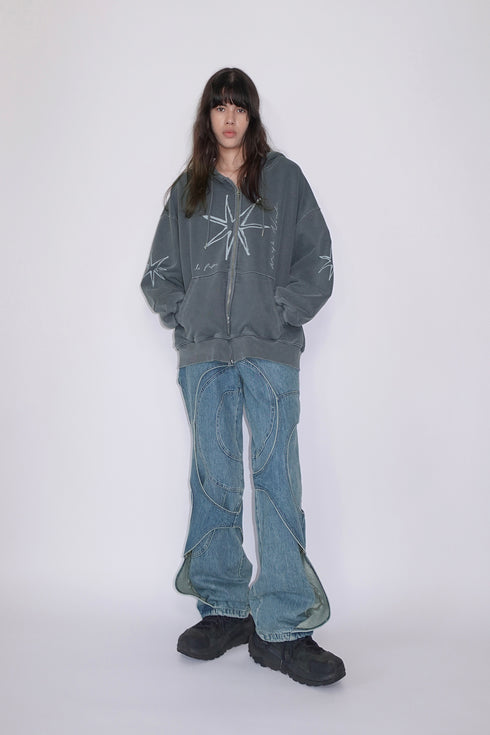 CIRCLE CUT-OUT DENIM PANTS -BLUE-