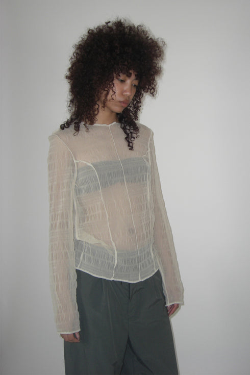 PLEATED MESH EXPOSED SEAMS TOPS -BEIGE- *Last1