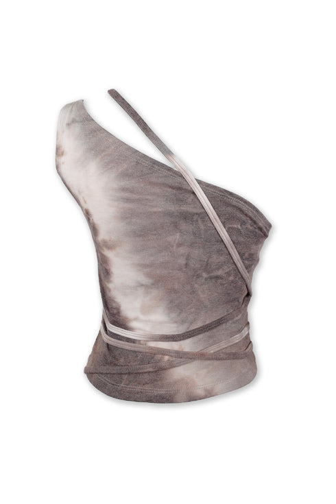 TIE-DYE ASYMMETRY WRAP TANK TOP -BROWN-