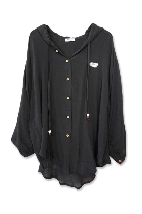 WOOD BUTTON CHILL OUT HOODIE -BLACK-