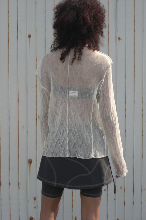 PLEATED MESH EXPOSED SEAMS TOPS -CREAM- *Last1