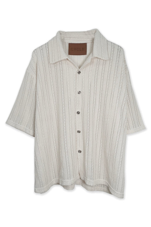 SUMMER KNIT SPIRAL BUTTON  SHORT SLEEVE SHIRT -IVORY-