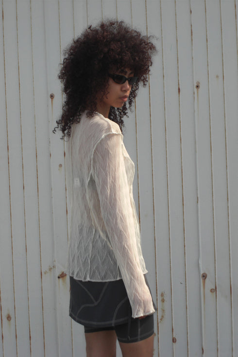 PLEATED MESH EXPOSED SEAMS TOPS -CREAM- *Last1