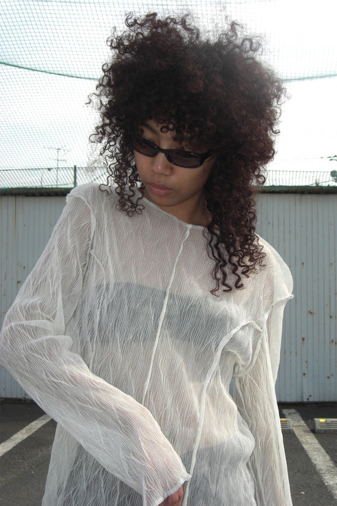 PLEATED MESH EXPOSED SEAMS TOPS -CREAM- *Last1