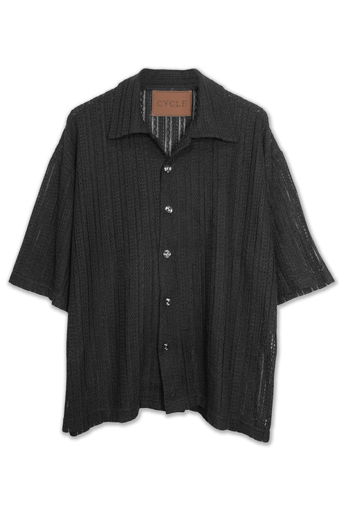 SUMMER KNIT SPIRAL BUTTON  SHORT SLEEVE SHIRT -BLACK-