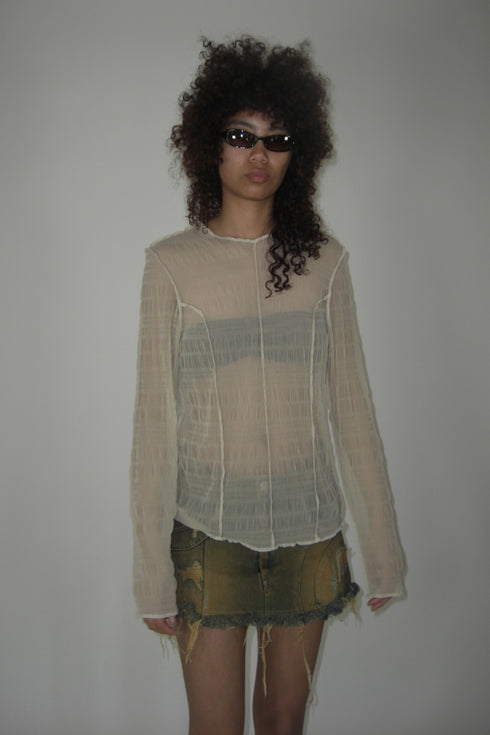 PLEATED MESH EXPOSED SEAMS TOPS -BEIGE- *Last1