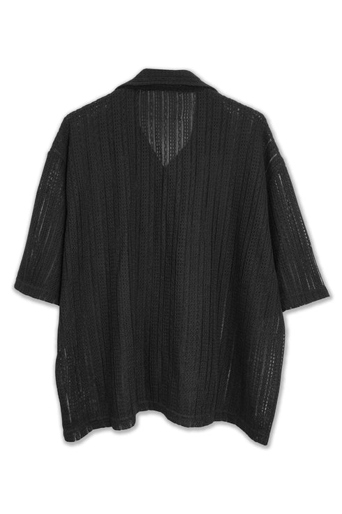 SUMMER KNIT SPIRAL BUTTON  SHORT SLEEVE SHIRT -BLACK-