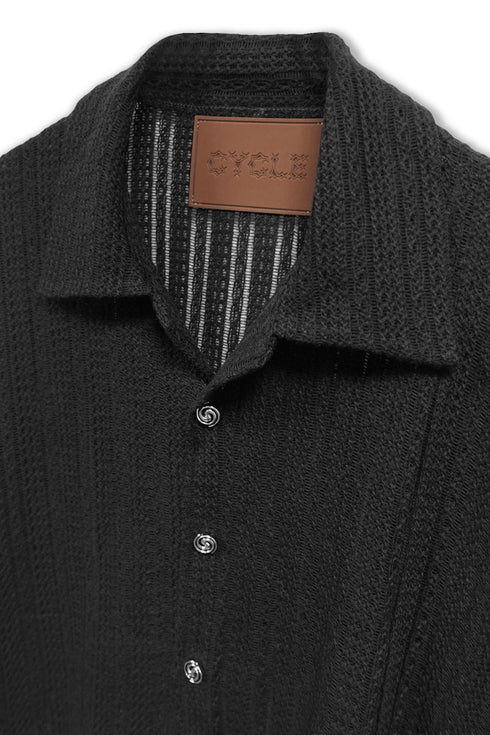 SUMMER KNIT SPIRAL BUTTON  SHORT SLEEVE SHIRT -BLACK-