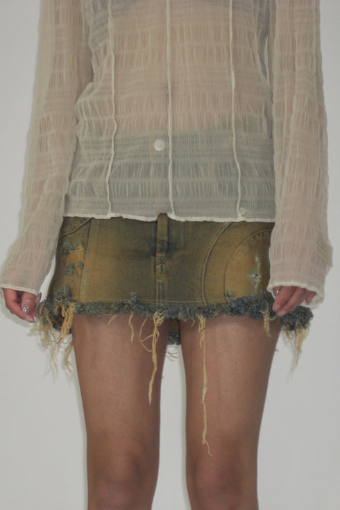 PLEATED MESH EXPOSED SEAMS TOPS -BEIGE- *Last1