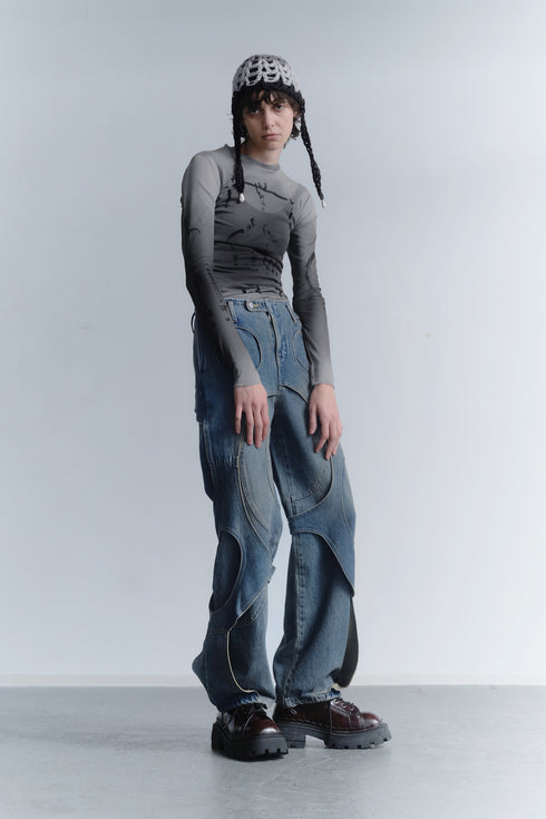 CIRCLE CUT-OUT DENIM PANTS -BLUE-