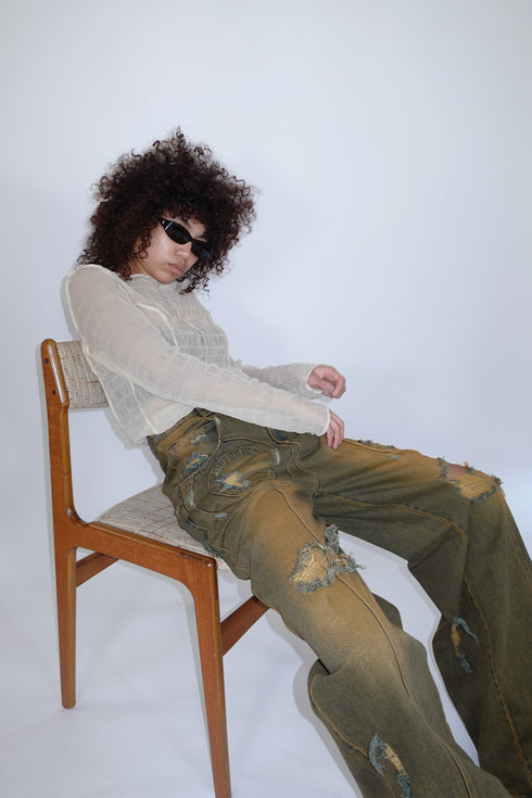 PLEATED MESH EXPOSED SEAMS TOPS -BEIGE- *Last1