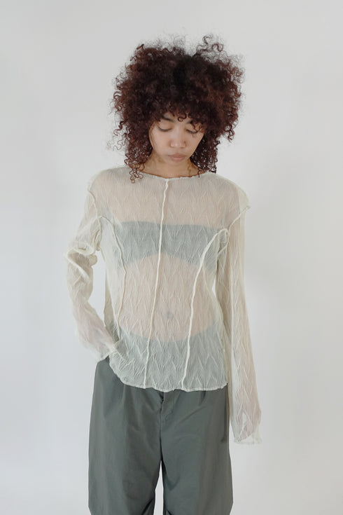 PLEATED MESH EXPOSED SEAMS TOPS -CREAM- *Last1