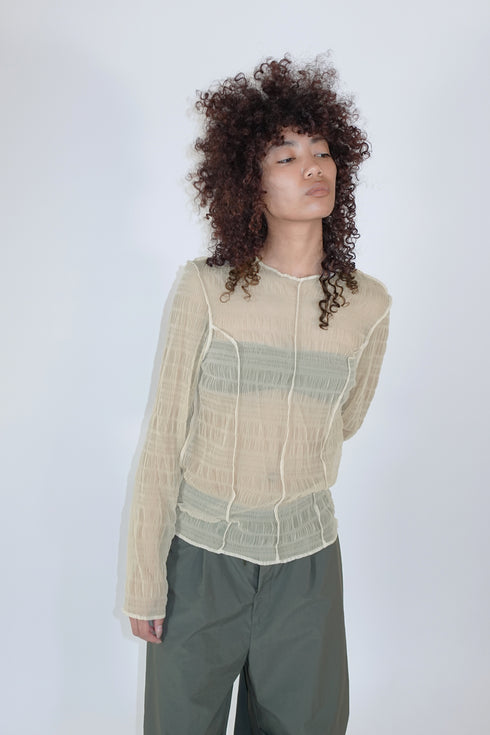PLEATED MESH EXPOSED SEAMS TOPS -BEIGE- *Last1