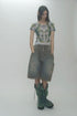 CIRCLE CUT-OUT WASHED HALF PANTS -SANDED BLUE DENIM-