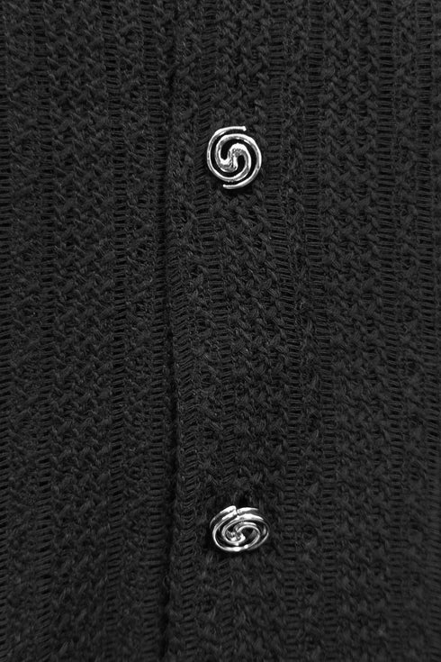 SUMMER KNIT SPIRAL BUTTON  SHORT SLEEVE SHIRT -BLACK-