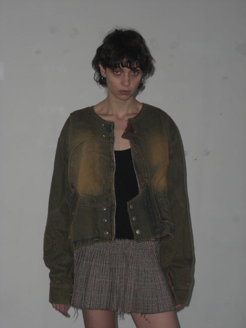 CIRCLE CUT-OUT DENIM JACKET -RUSTED BROWN-