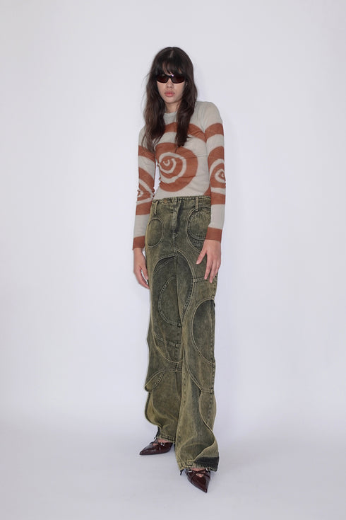 CIRCLE CUT-OUT DENIM PANTS -YELLOW-