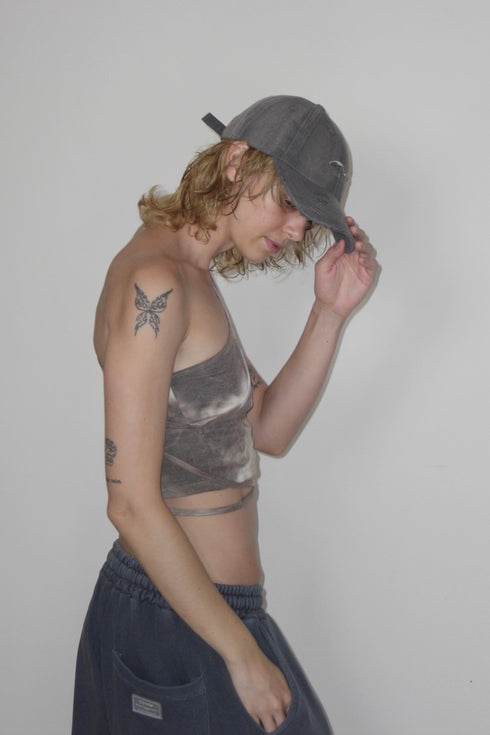 TIE-DYE ASYMMETRY WRAP TANK TOP -BROWN-