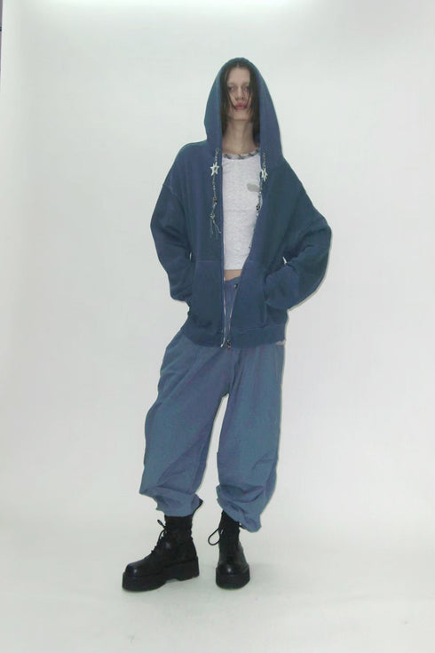 BEADED DRAWSTRING ZIP-UP HOODIE -BLUE-