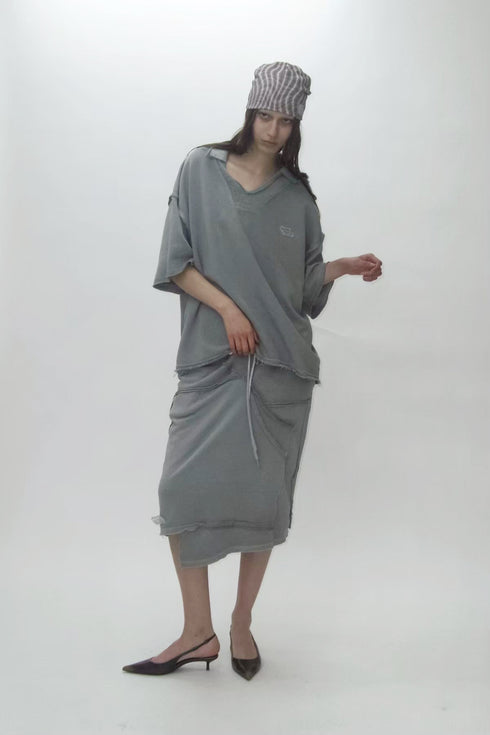 WASHED CUT-OFF SWEAT TOP -GRAY-