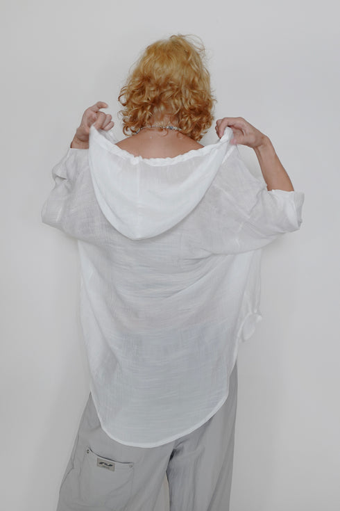 WOOD BUTTON CHILL OUT HOODIE -WHITE-