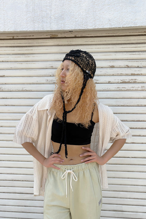 SUMMER KNIT SPIRAL BUTTON  SHORT SLEEVE SHIRT -IVORY-