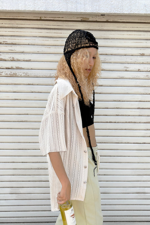 SUMMER KNIT SPIRAL BUTTON  SHORT SLEEVE SHIRT -IVORY-