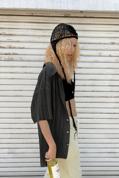 SUMMER KNIT SPIRAL BUTTON  SHORT SLEEVE SHIRT -BLACK-