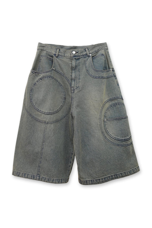 CIRCLE CUT-OUT WASHED HALF PANTS -SANDED BLUE DENIM-