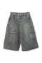CIRCLE CUT-OUT WASHED HALF PANTS -SANDED BLUE DENIM-