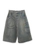 CIRCLE CUT-OUT WASHED HALF PANTS -SANDED BLUE DENIM-