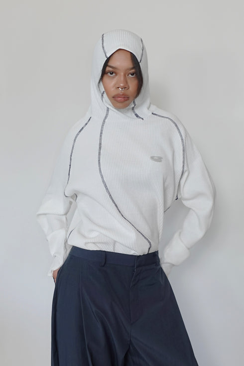 WAFFLE HOODED TOP -WHITE-