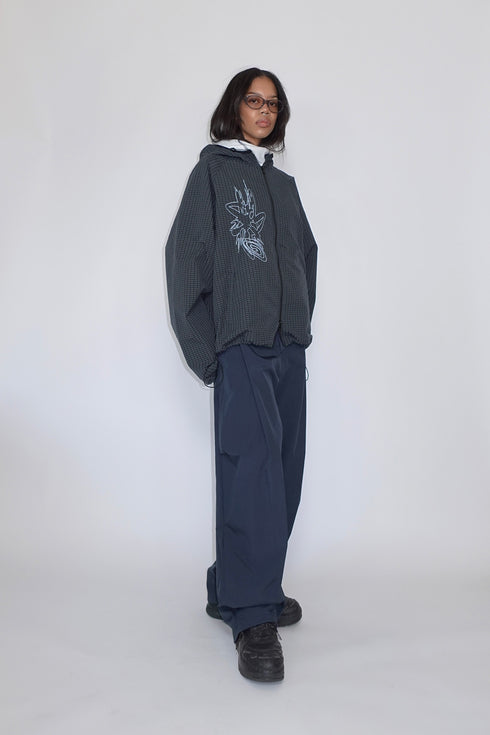 NYLON WIDE CURVED PANTS -NAVY-