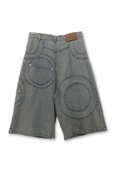 CIRCLE CUT-OUT WASHED HALF PANTS -SANDED BLUE DENIM-