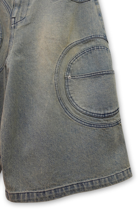 CIRCLE CUT-OUT WASHED HALF PANTS -SANDED BLUE DENIM-