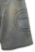 CIRCLE CUT-OUT WASHED HALF PANTS -SANDED BLUE DENIM-