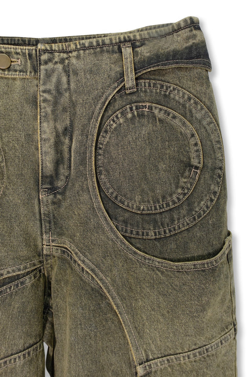 CIRCLE CUT-OUT DENIM PANTS -YELLOW-