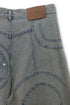CIRCLE CUT-OUT WASHED HALF PANTS -SANDED BLUE DENIM-