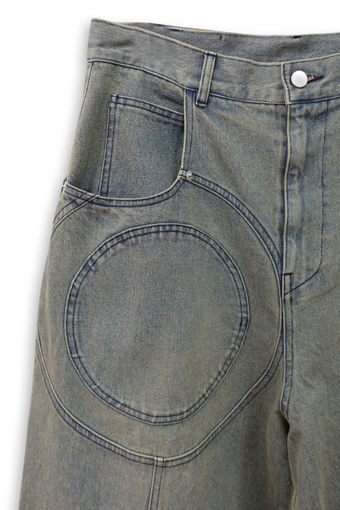 CIRCLE CUT-OUT WASHED HALF PANTS -SANDED BLUE DENIM-