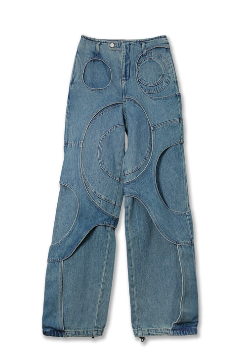 CIRCLE CUT-OUT DENIM PANTS -BLUE-