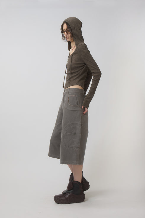 CIRCLE CUT-OUT WASHED HALF PANTS -BROWN SWEAT-
