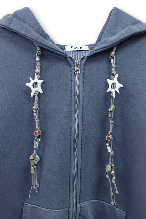 BEADED DRAWSTRING ZIP-UP HOODIE -BLUE-