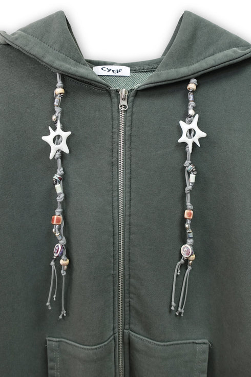 BEADED DRAWSTRING ZIP-UP HOODIE -DARK GREEN-