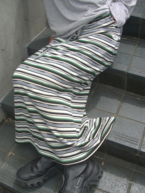 MULTICOLOR STRIPE DRAWSTRING SKIRT -GREEN MIX-